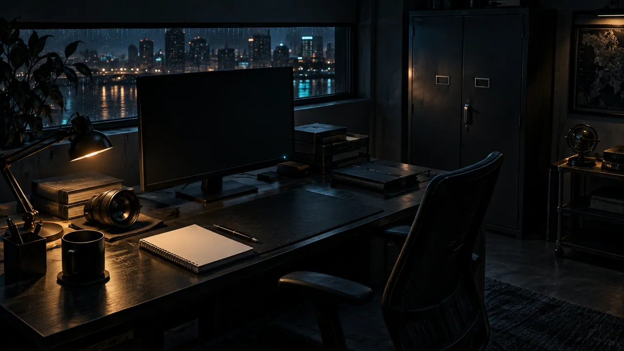AI-generated conceptual illustration: an empty analysis workstation beside a closed archive cabinet