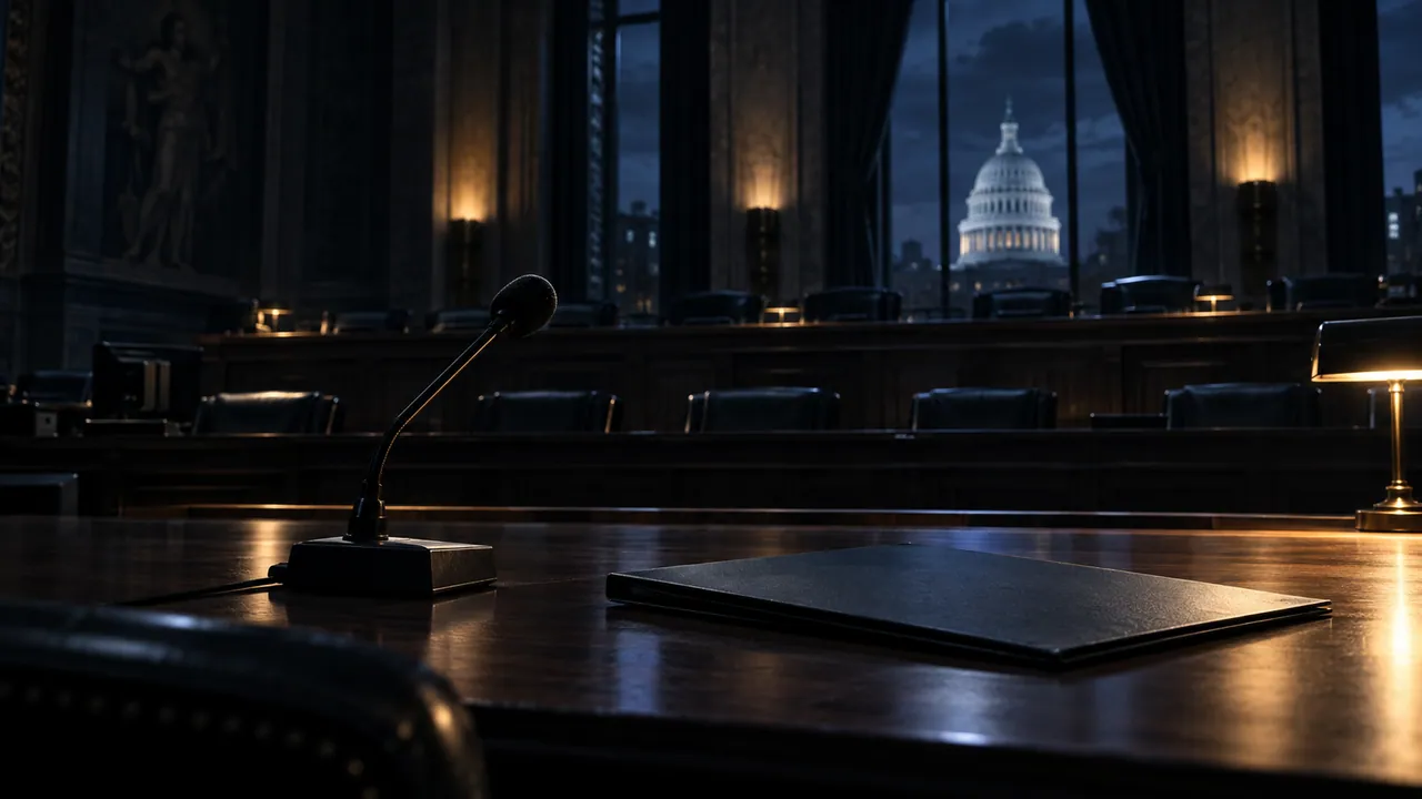 AI-generated conceptual empty congressional hearing room with microphone and folder