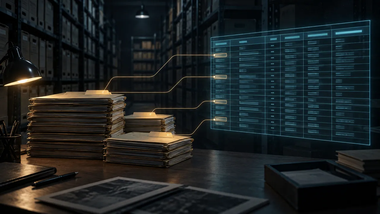 AI-generated conceptual illustration of archive folders linked to metadata rows