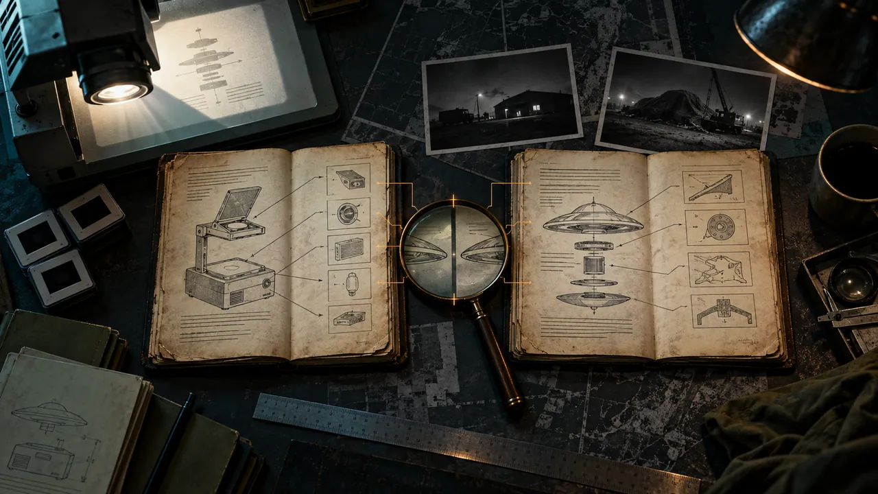 AI-generated conceptual document-comparison desk with vintage projector and unmarked manuals