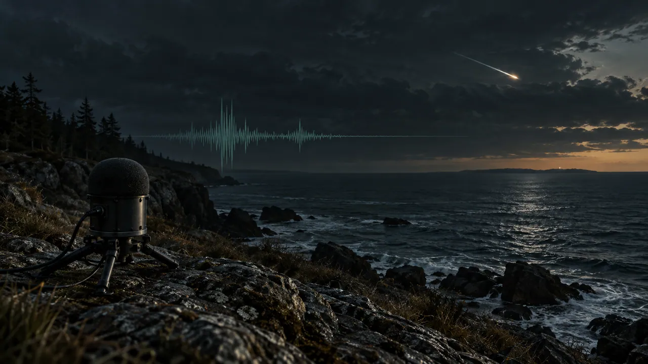 Conceptual AI illustration of an acoustic sensor and meteor over a dark coast