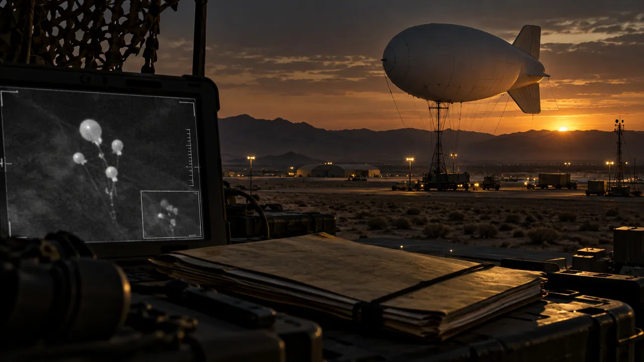 AI-generated conceptual illustration of a surveillance aerostat and balloon-analysis display at a desert airfield.
