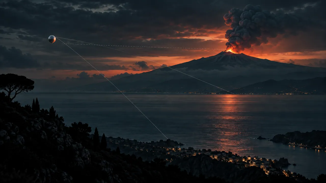 AI-generated conceptual illustration of a small balloon and distant Mount Etna with perspective lines; not to scale.