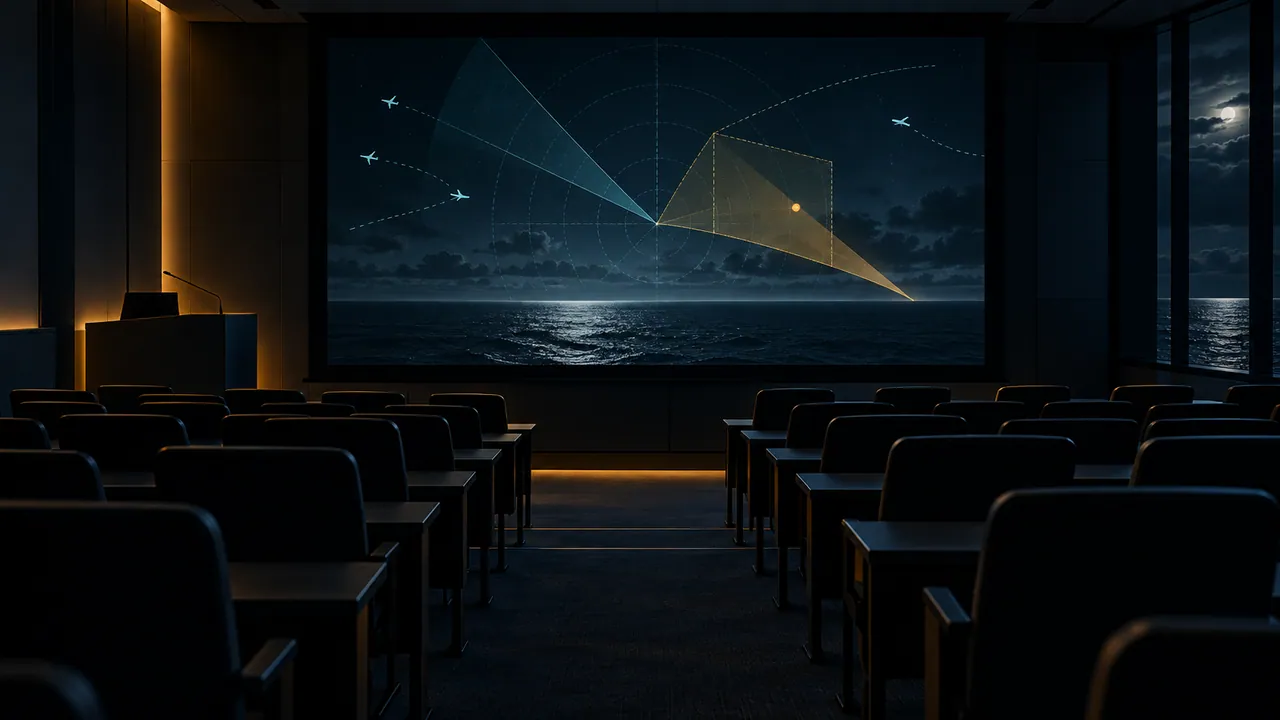 AI-generated conceptual naval education room with sensor tracks; not the actual NPS venue