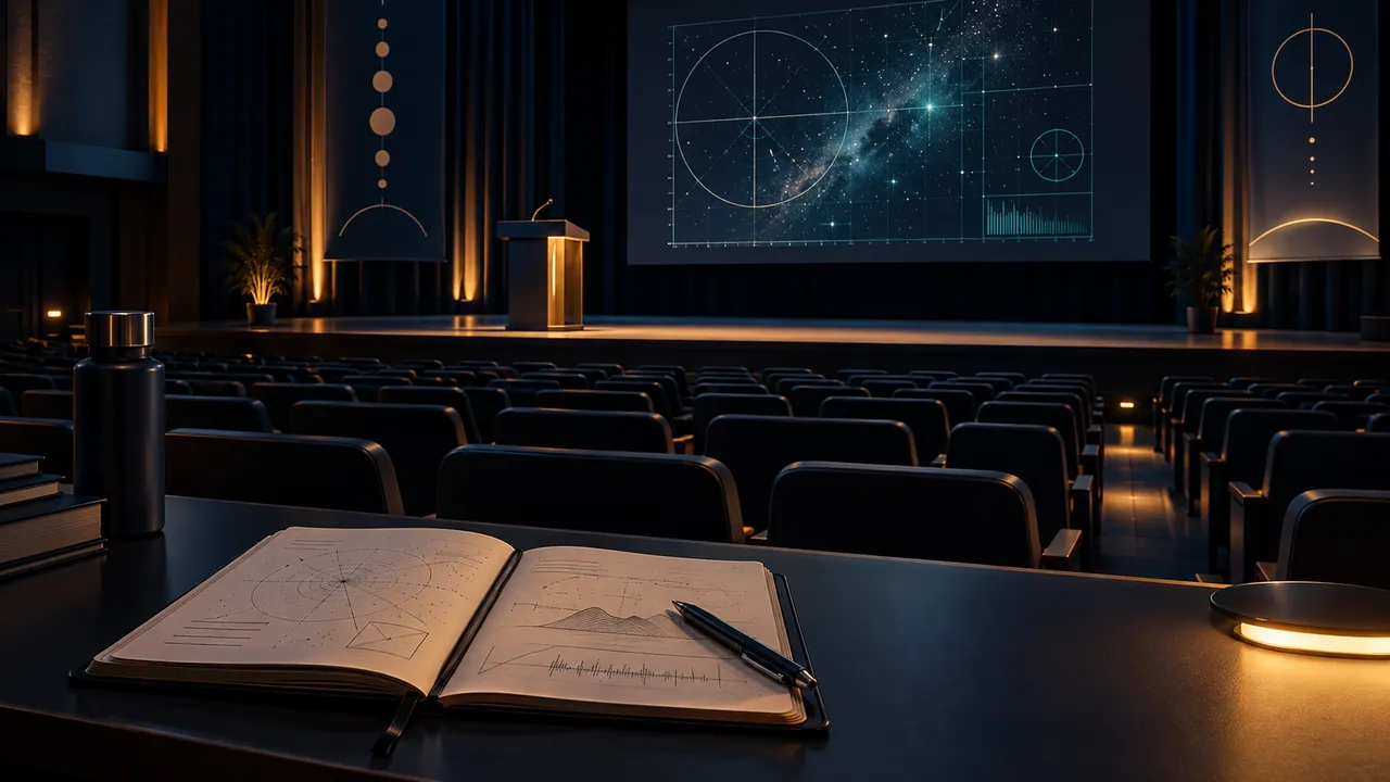 AI-generated conceptual research auditorium and notebook; not a confirmed symposium venue