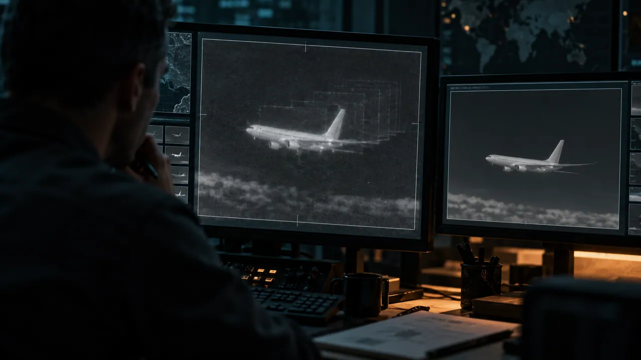 AI-generated sensor-analysis workstation with conventional aircraft and digital frame ghosts; not actual case footage