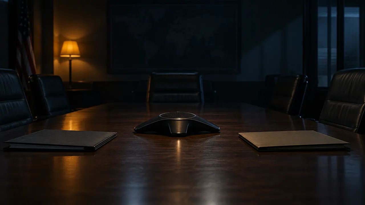 AI illustration of a speakerphone and closed folders in an empty dim meeting room.