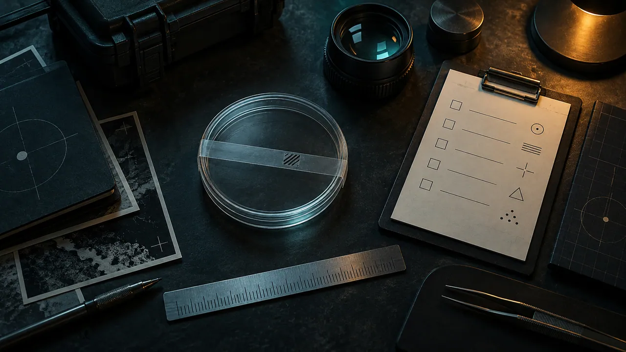 AI illustration of a forensic research desk with an empty sample dish, lens, ruler and checklist.