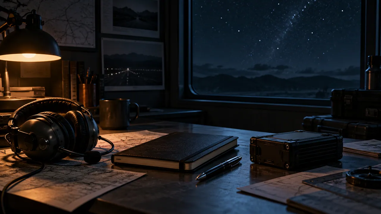 AI-generated editorial illustration: pilot headset, notebook and data recorder on a nighttime debriefing desk