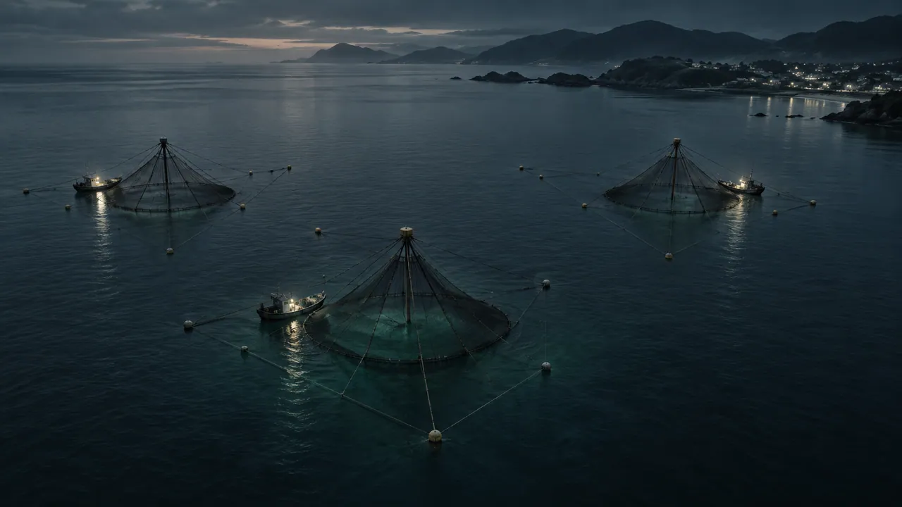 AI-generated editorial illustration: conceptual fishing nets tethered at the surface of dark coastal water