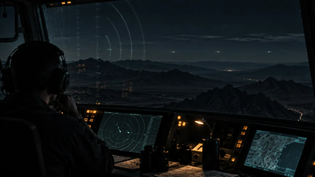AI-generated editorial illustration: distant conventional aircraft lights over desert mountains viewed from an observation station