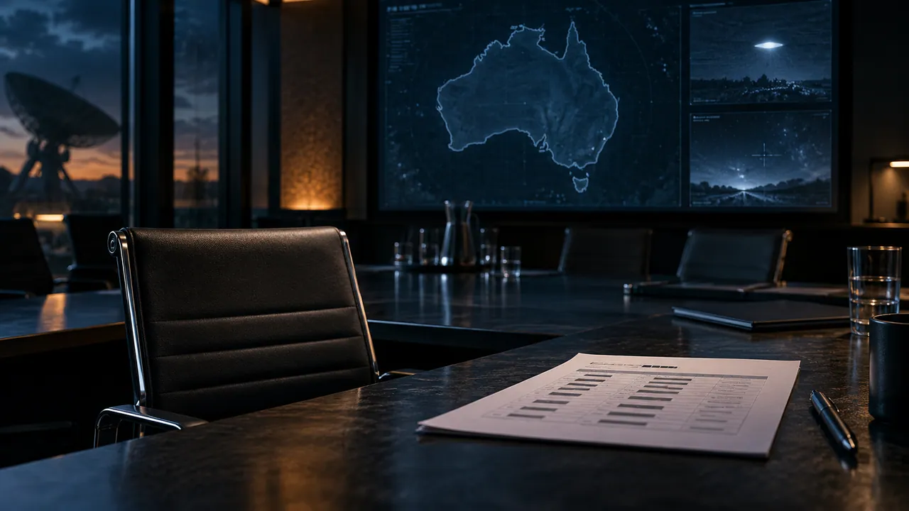 AI conceptual illustration of an empty conference room and Australia map