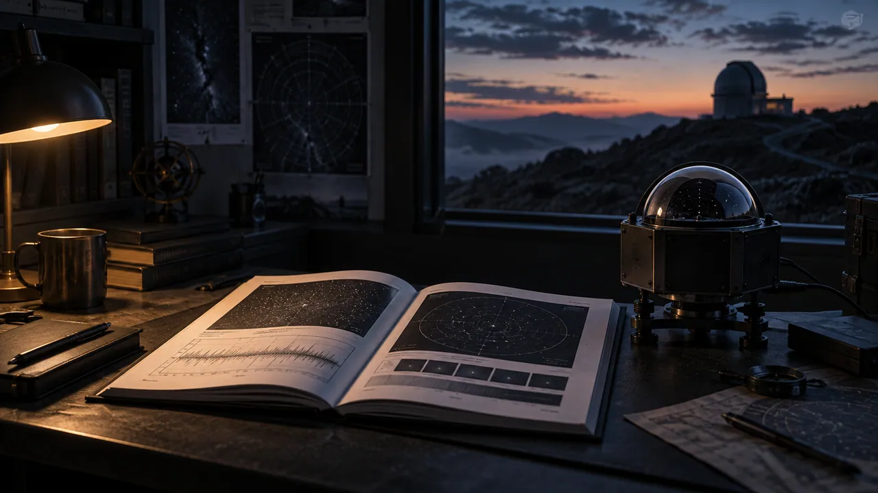 AI illustration of a journal and sky camera in a dark observatory