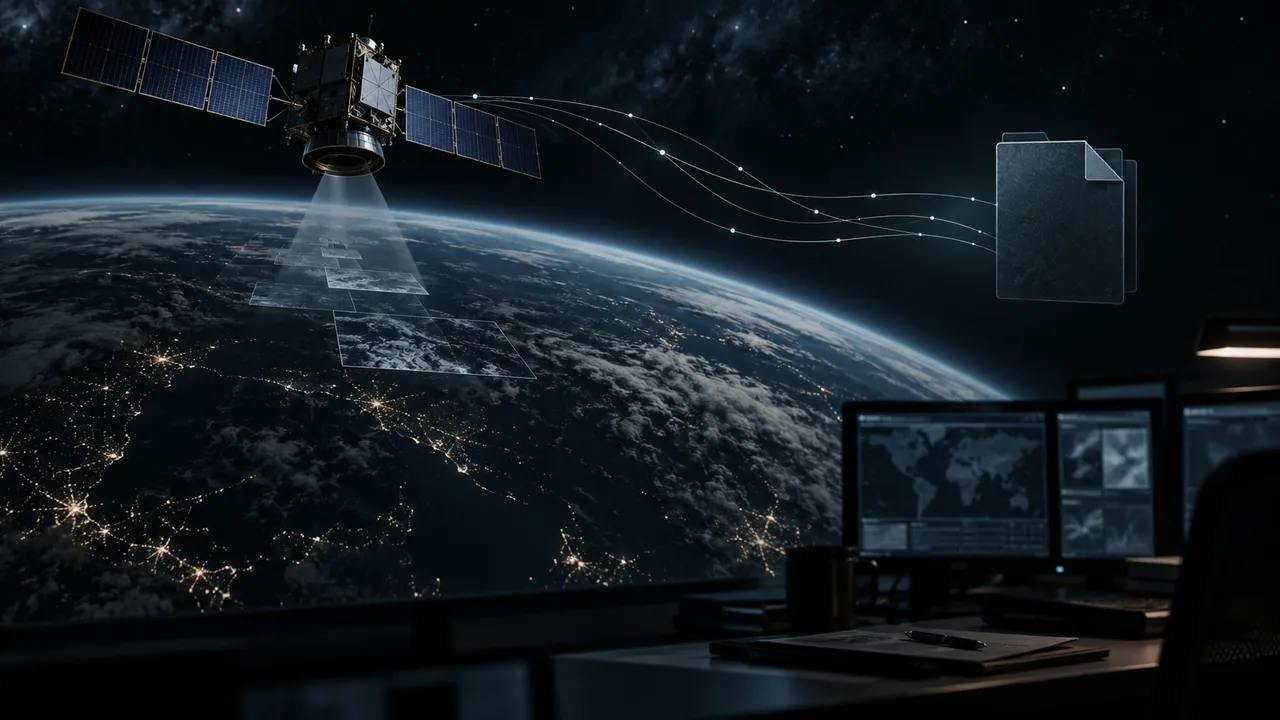 AI conceptual illustration of a conventional satellite and a reporting file