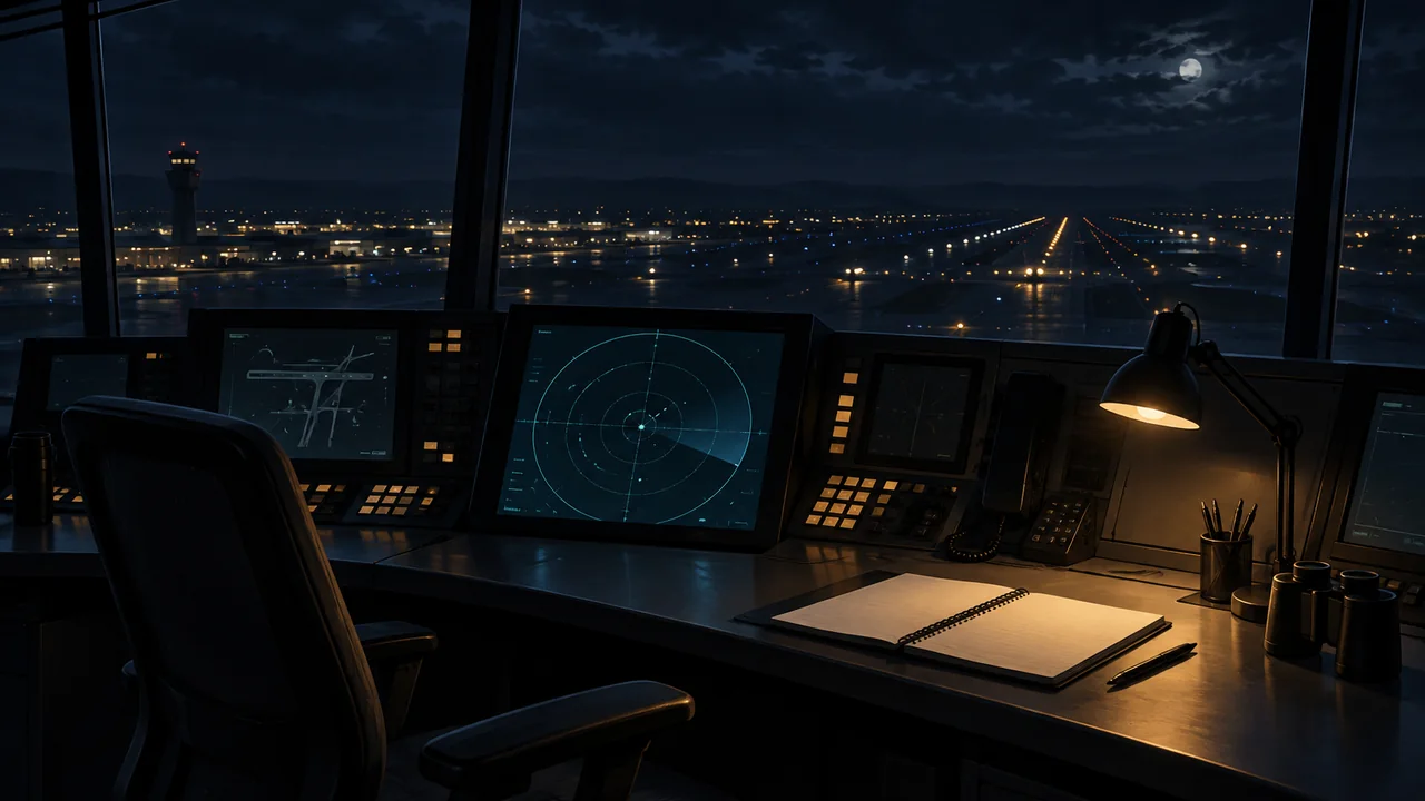 AI editorial illustration of a night air traffic control workstation and reporting notebook.