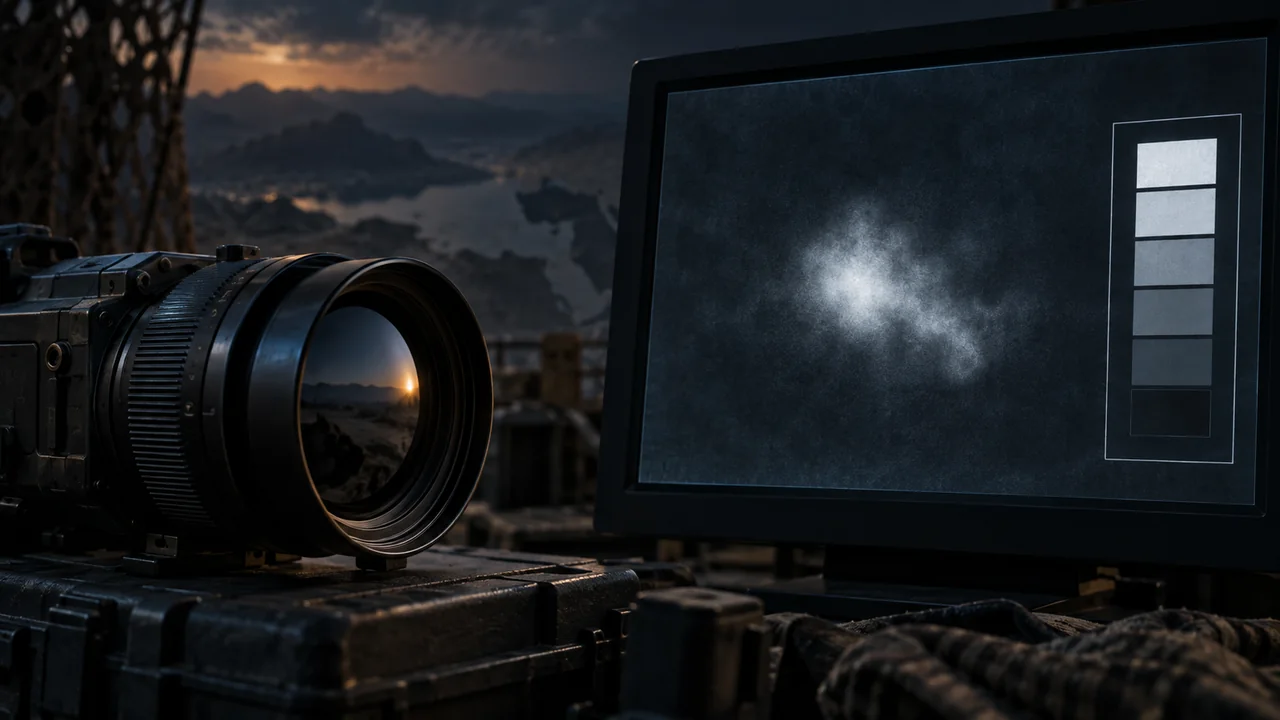 AI conceptual illustration of an optical sensor lens and an ambiguous thermal patch on an analysis monitor.