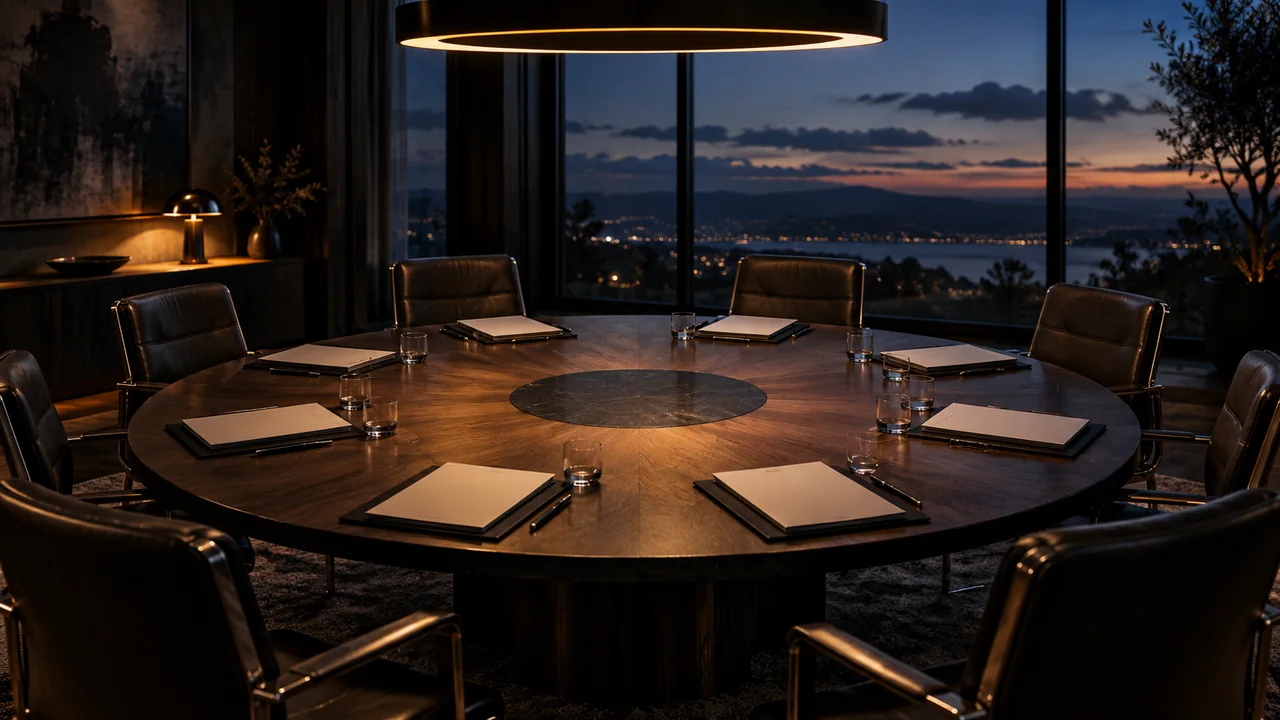 AI concept illustration of an empty roundtable prepared for a discussion about UAP research.