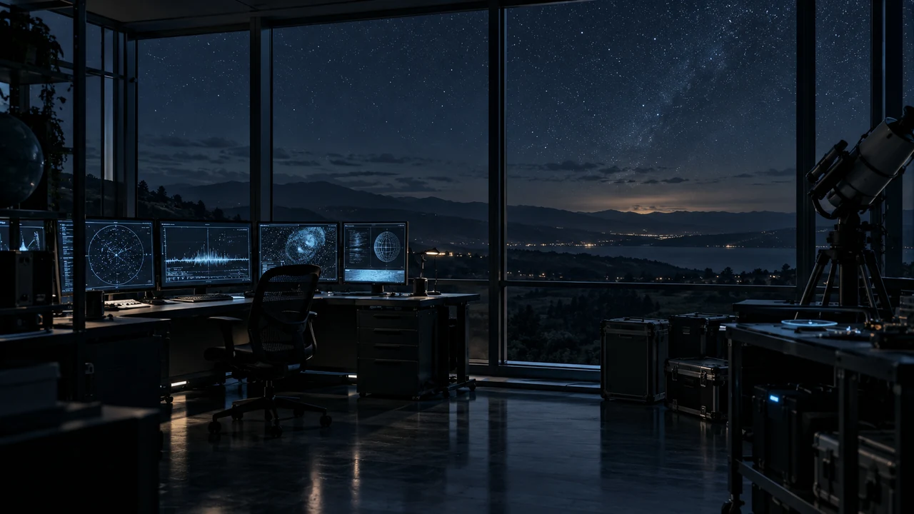 Conceptual dark aerospace analysis room facing a night sky