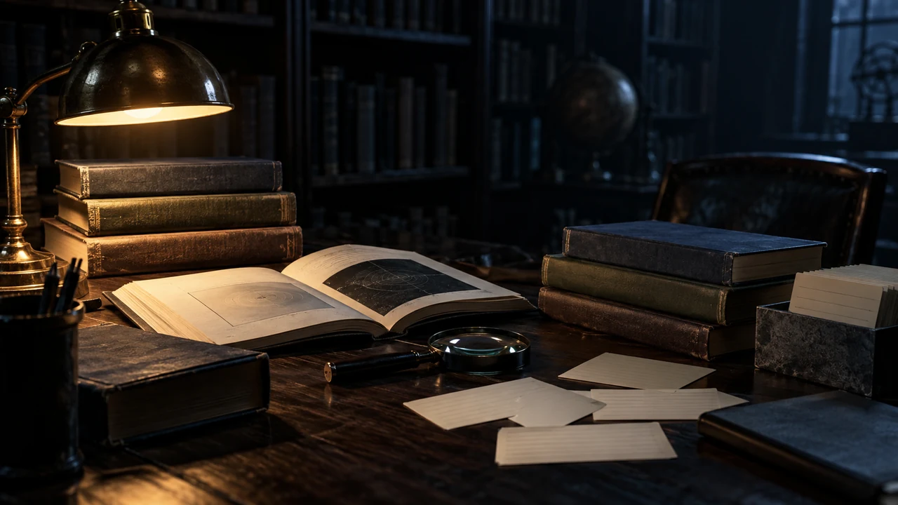 Conceptual scientific library desk with books and a lens