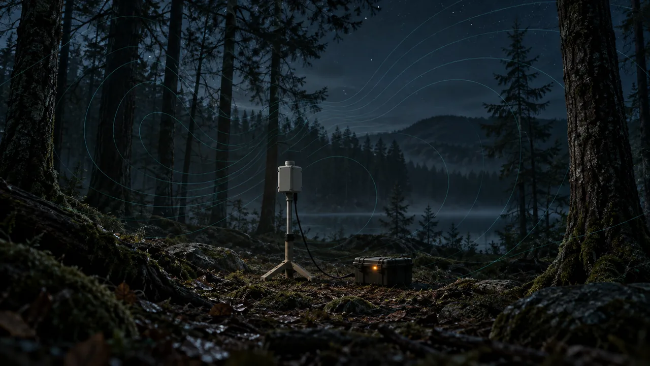 Conceptual magnetic-field instrument station on quiet wooded ground at night with abstract field contours.