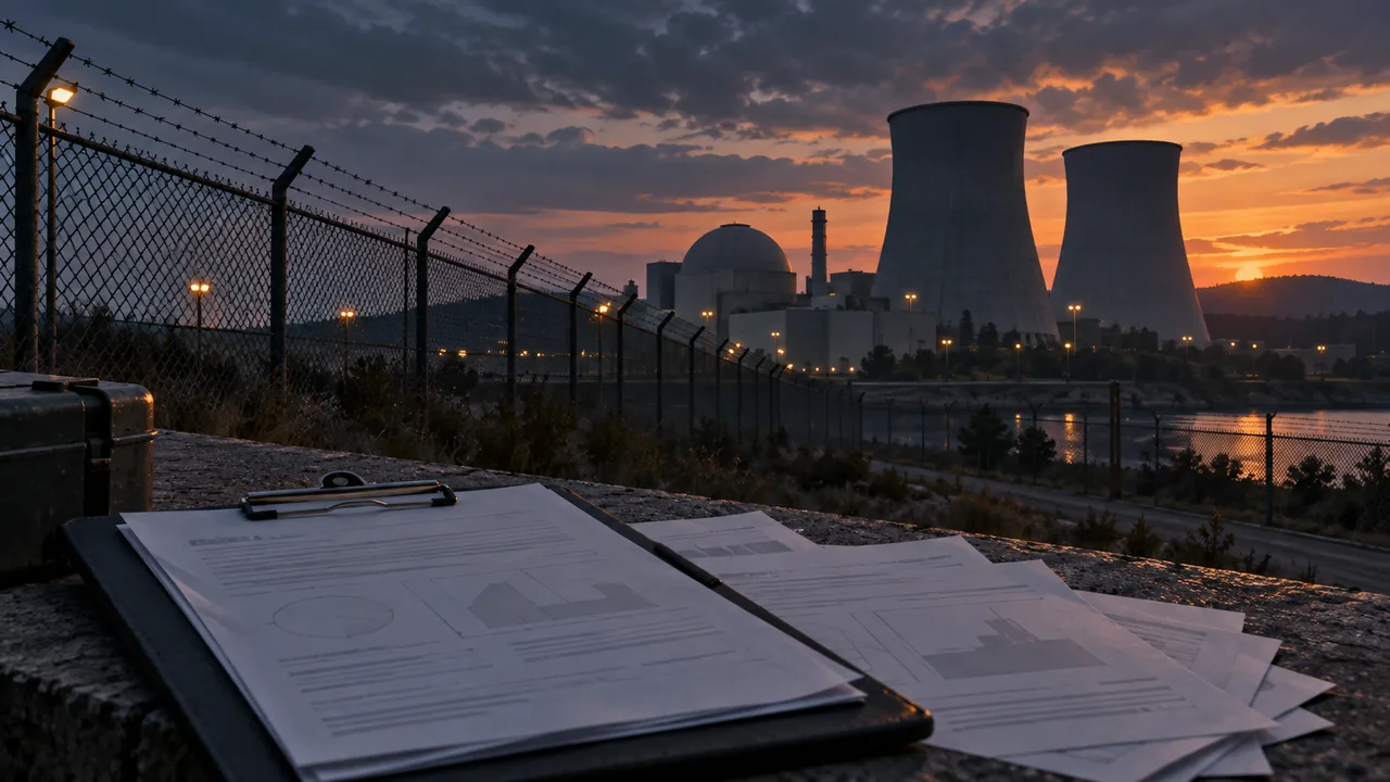 Conceptual dark illustration of nuclear containment buildings behind a security perimeter and records in the foreground.